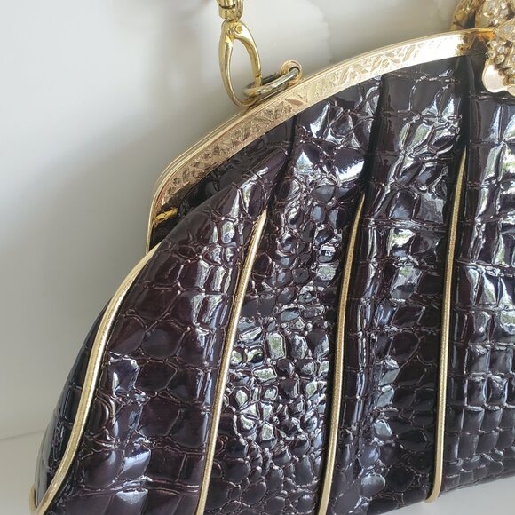 Vintage Brown Croc Evening Bag Clutch Bejewelled Clasp Optional Long Strap - Picture 3 of 12